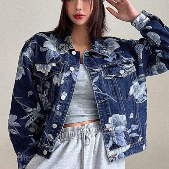 Boho Floral Print Button Down Denim Jean Jacket Shacket - Picture 6 of 10